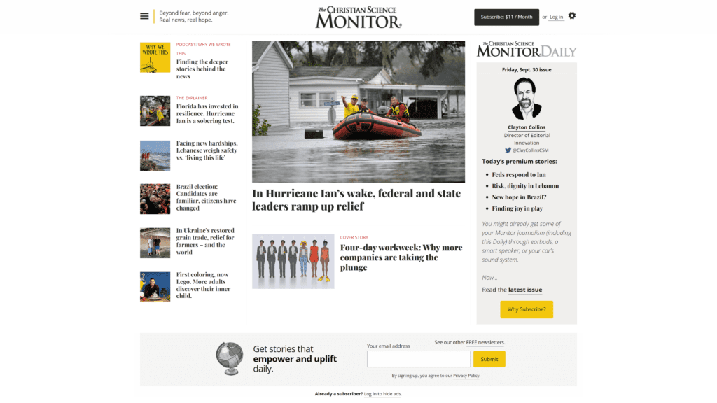 screenshot of the christian science monitor homepage