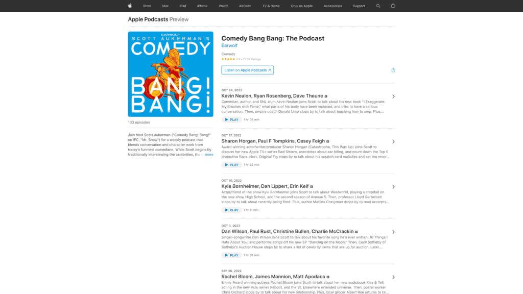 screenshot of the comedy bang bang homepage
