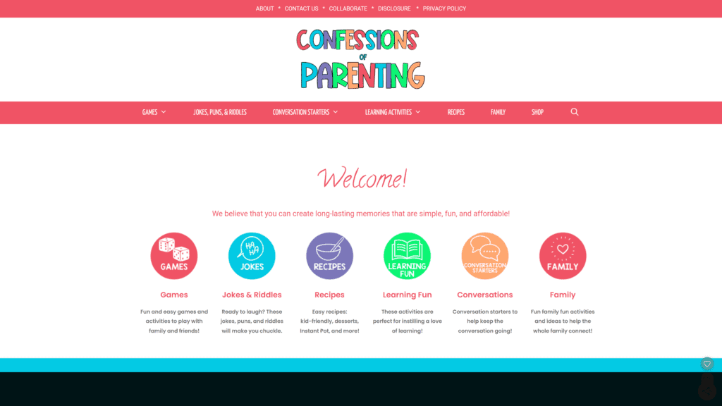 screenshot of the confessions of parenting homepage