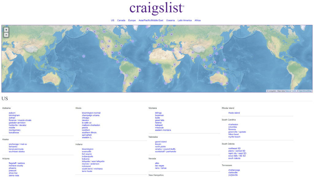 screenshot of the craiglist homepage