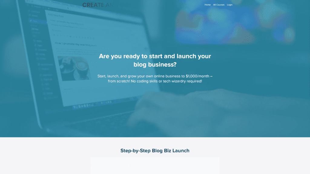 screenshot of the create and go launch your blog biz course homepage