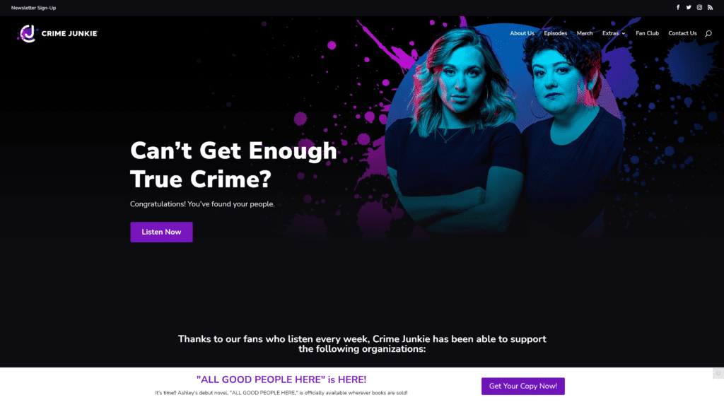 screenshot of the crime junkies homepage