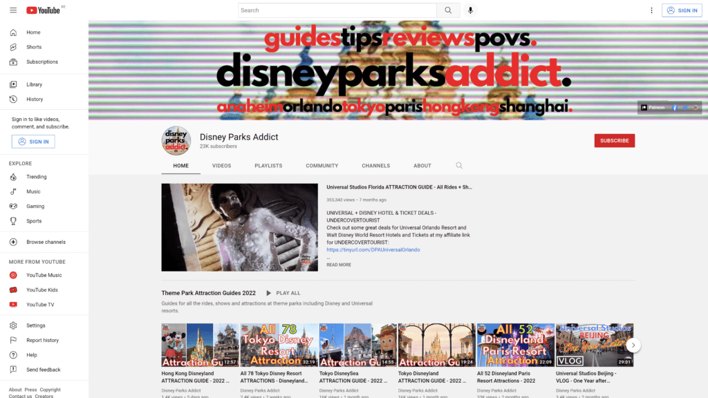 screenshot of the disney parks addict homepage