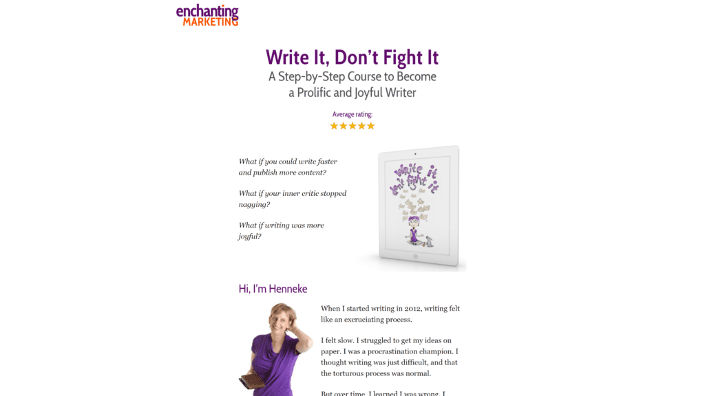 screenshot of the enchanting marketing write it dont fight it course homepage