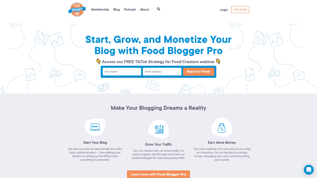 screenshot of the food blogger pro homepage