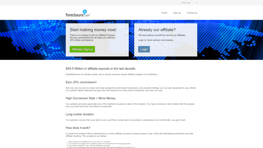 screenshot of the foreclosure.com affiliate program homepage