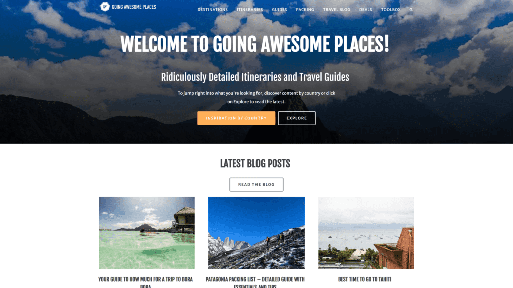 screenshot of the going awesome places homepage