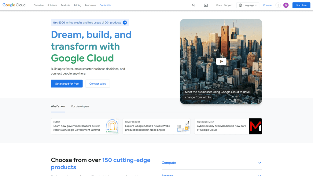 screenshotof the google cloud homepage