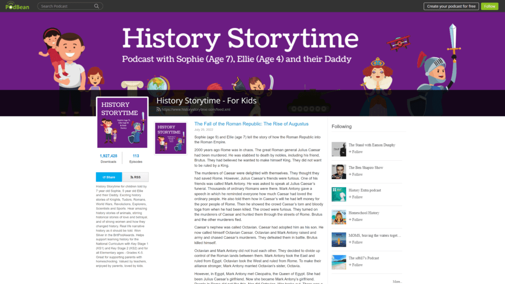 screenshot of the history storytime for kids homepage