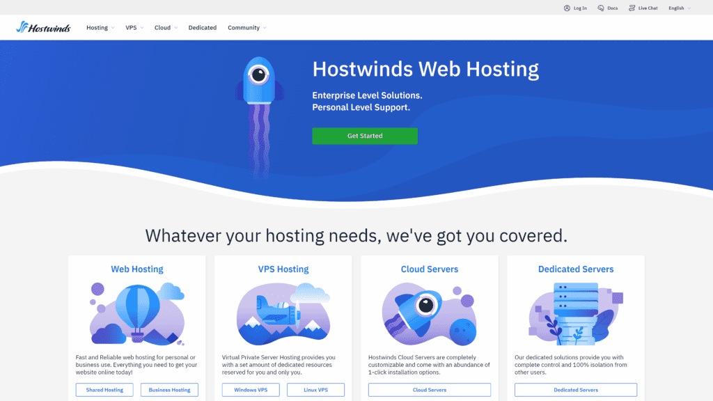 screenshot of the hostwinds homepage