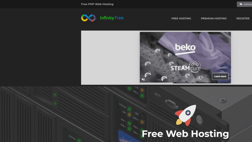 screenshot of the infinity free homepage