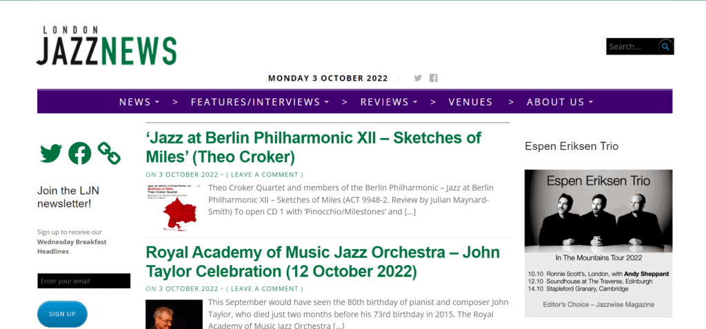 screenshot of the London Jazz News homepage
