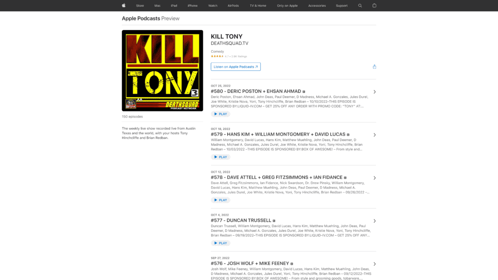 screenshot of the kill tony homepage