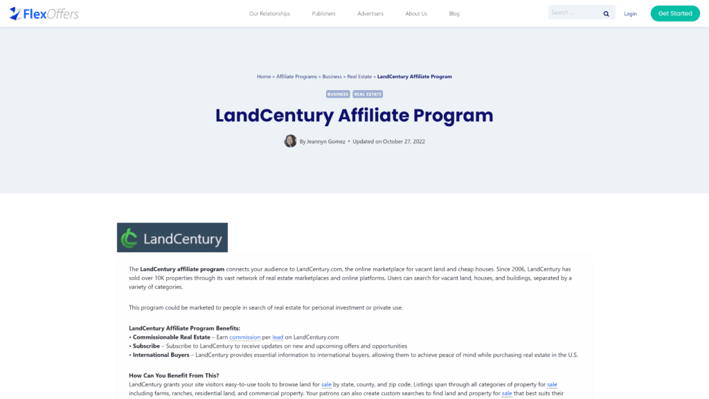 screenshot of the land century affiliate program homepage