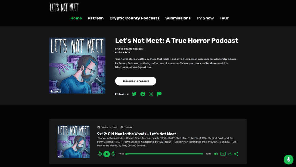 screenshot of the lets not meet a true horror podcast homepage