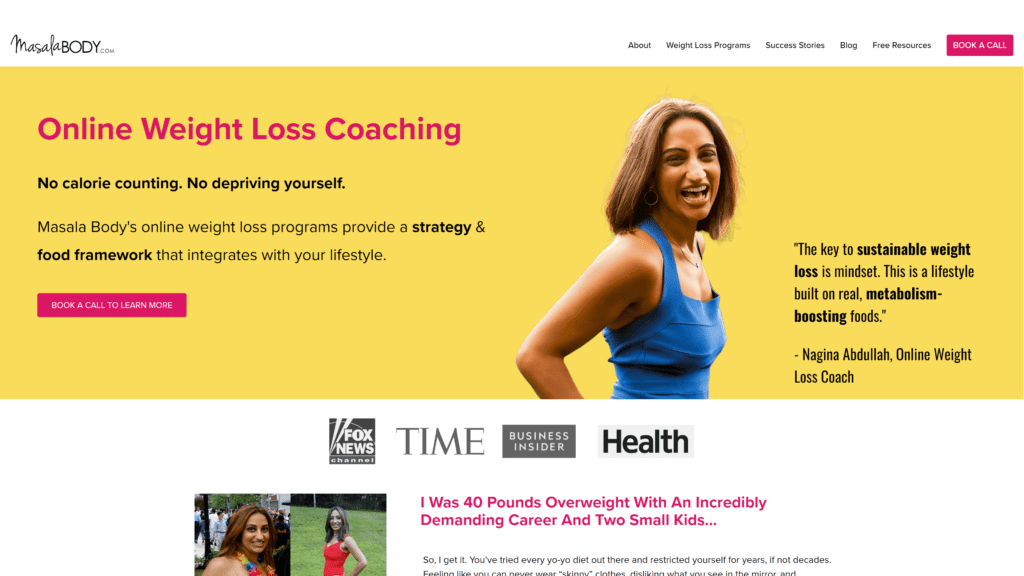screenshot of the masala body homepage