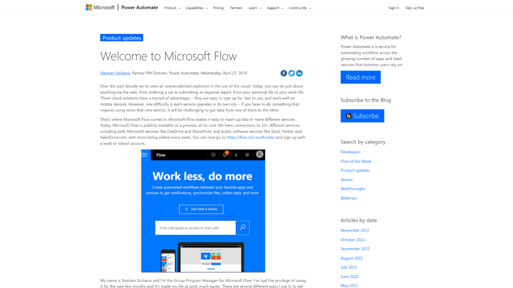screenshot of the microsoft flow homepage