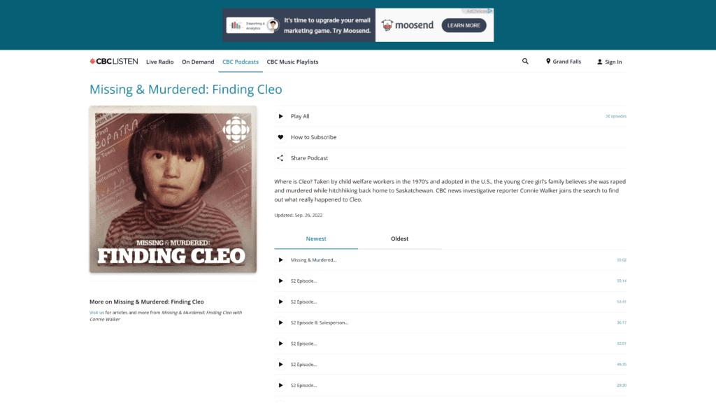 screenshot of the missing murdered finding cleo homepage