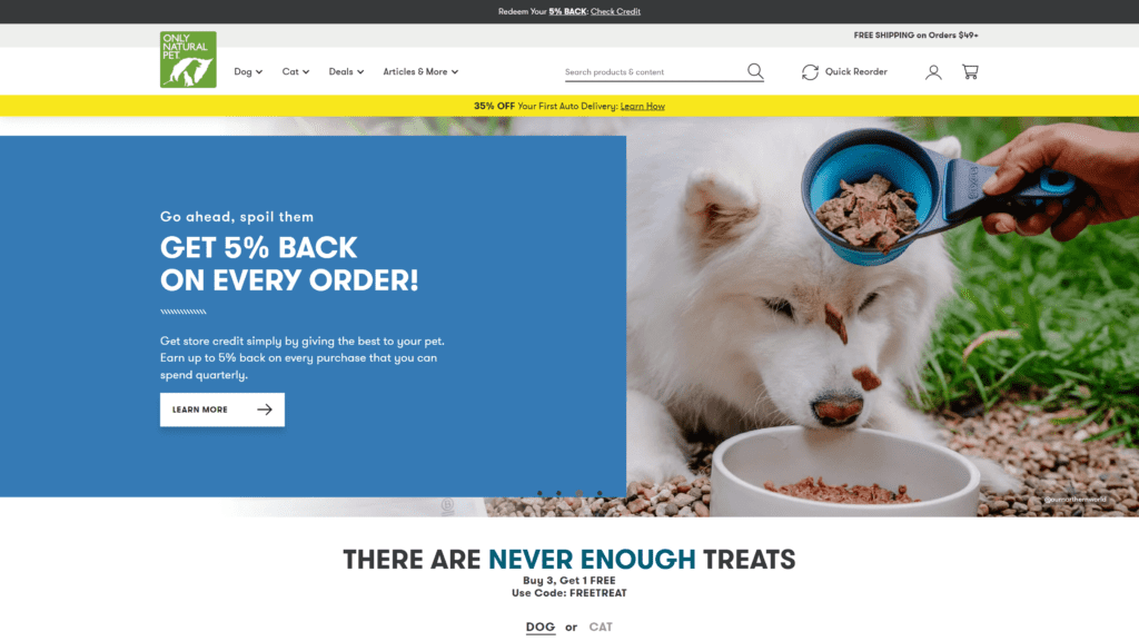 screenshot of the only natural pet homepage
