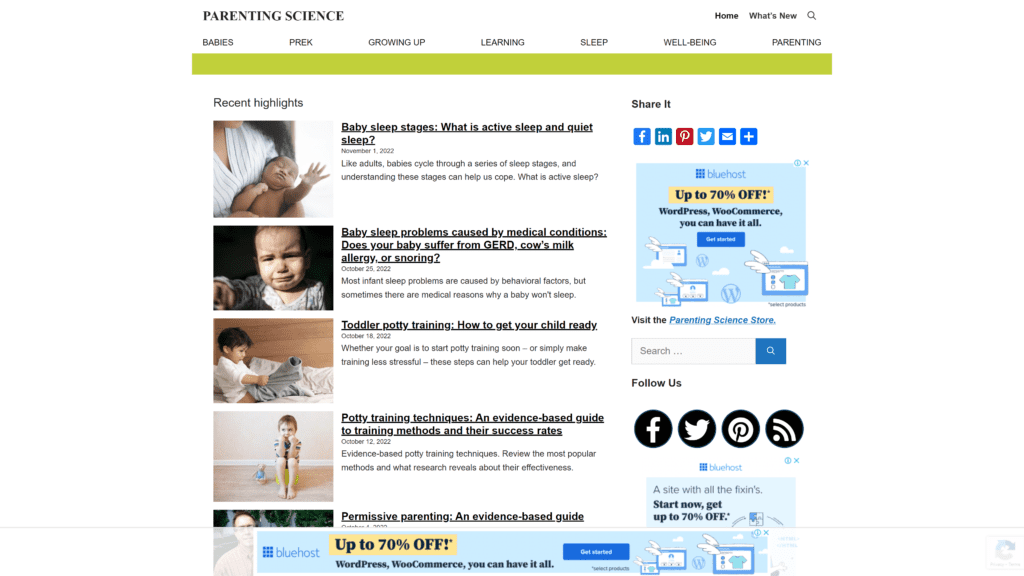 screenshot of the parenting science homepage