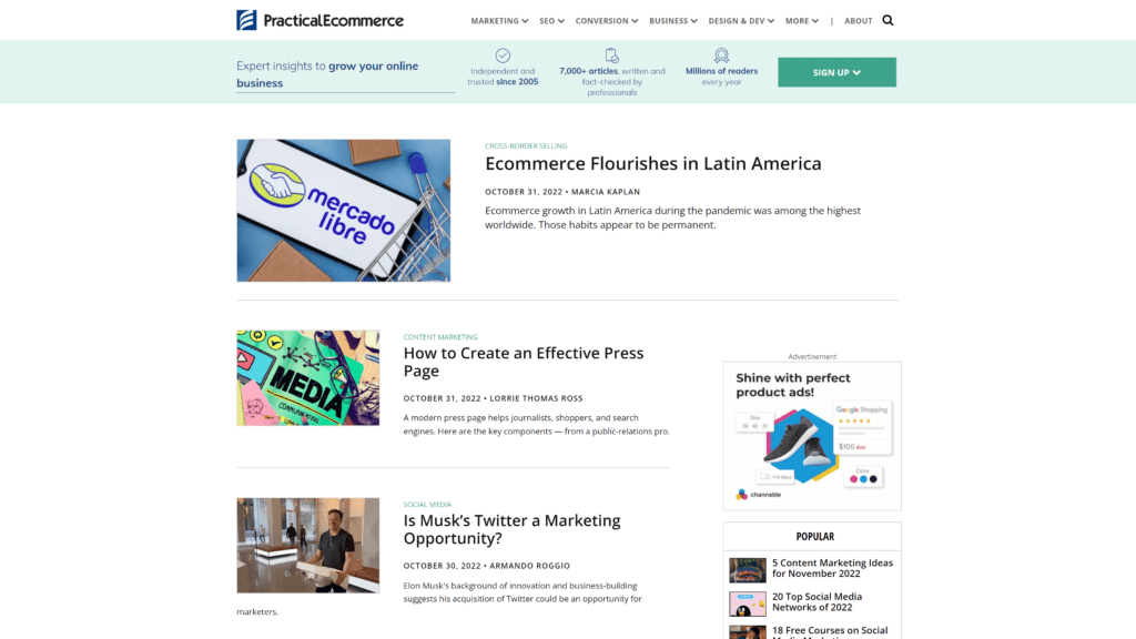 screenshot of the practical ecommerce homepage