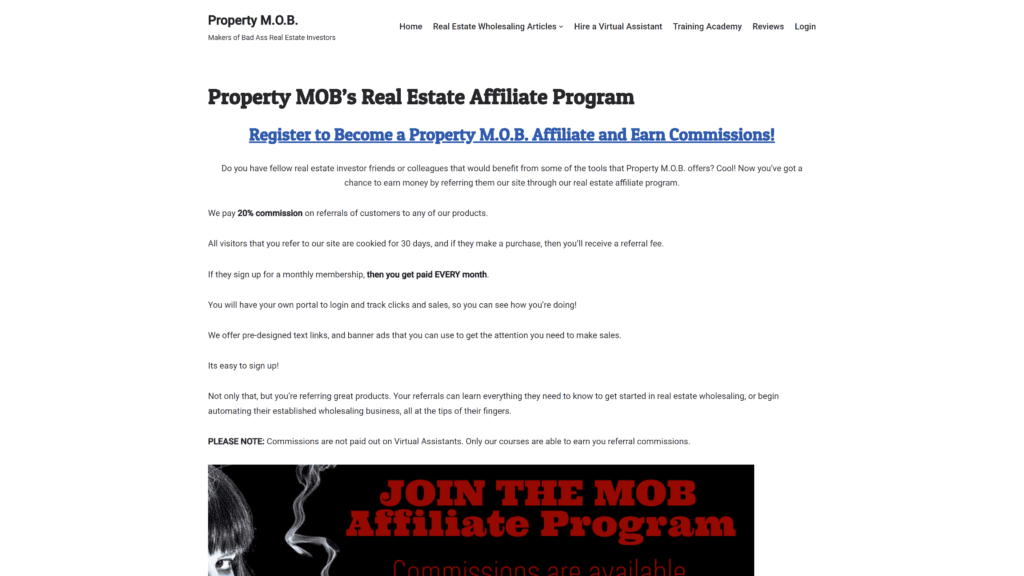 screenshot of the property MOB affiliate program homepage