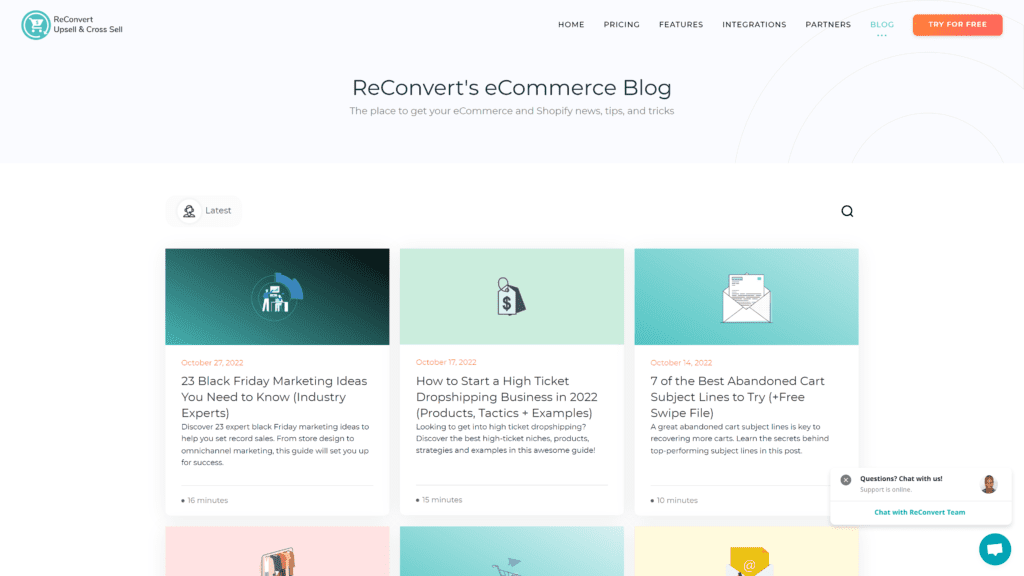 screenshot of the reconvert ecommerce blog homepage