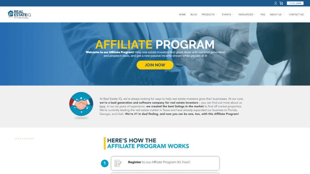 screenshot of the real estate IQ affiliate program homepage