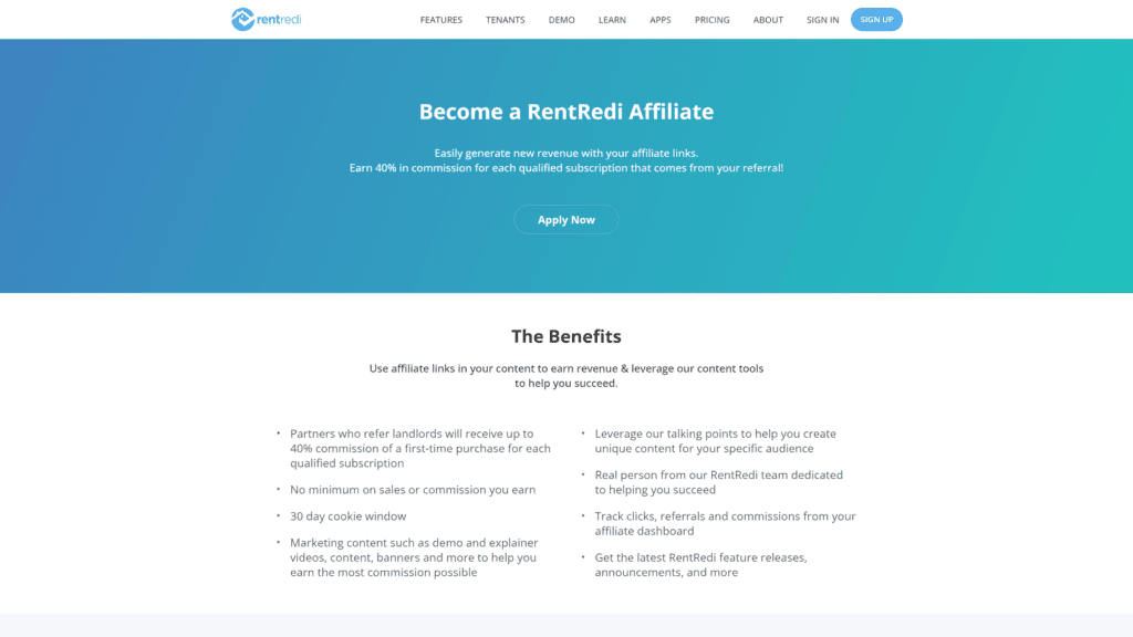 screenshot of the rentredi affiliate program homepage