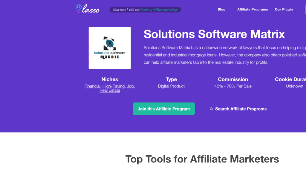 screenshot of the solutions software matrix affiliate program homepage