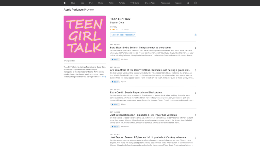 screenshot of the teen girl talk homepage
