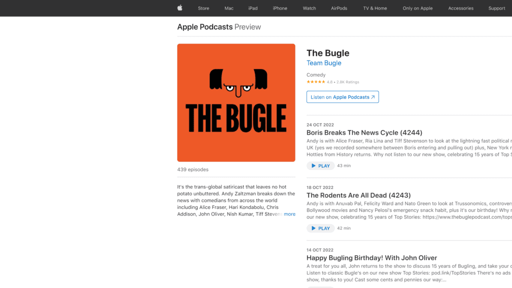 screenshot of the bugle homepage