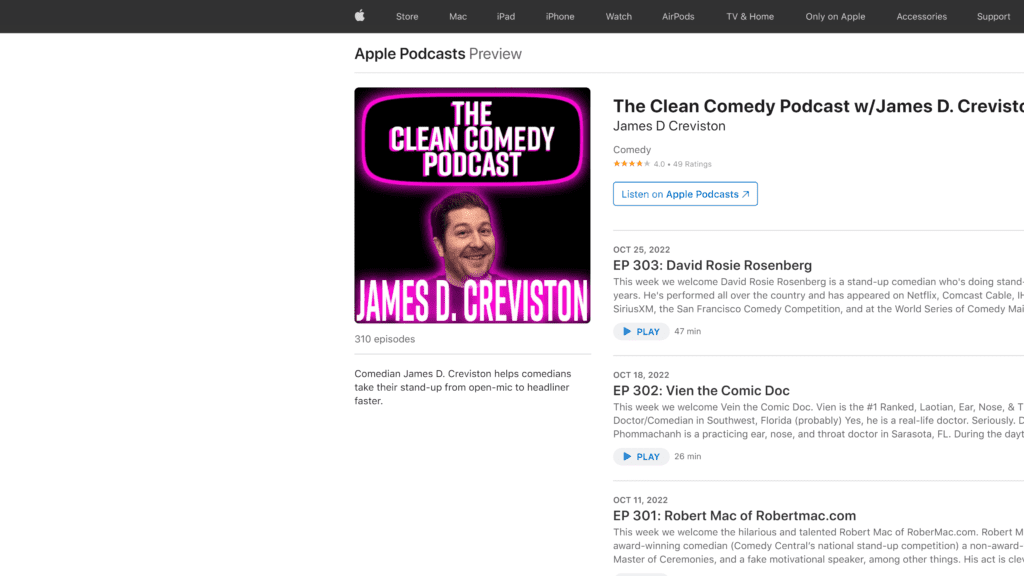 screenshot of the clean comedy podcast homepage