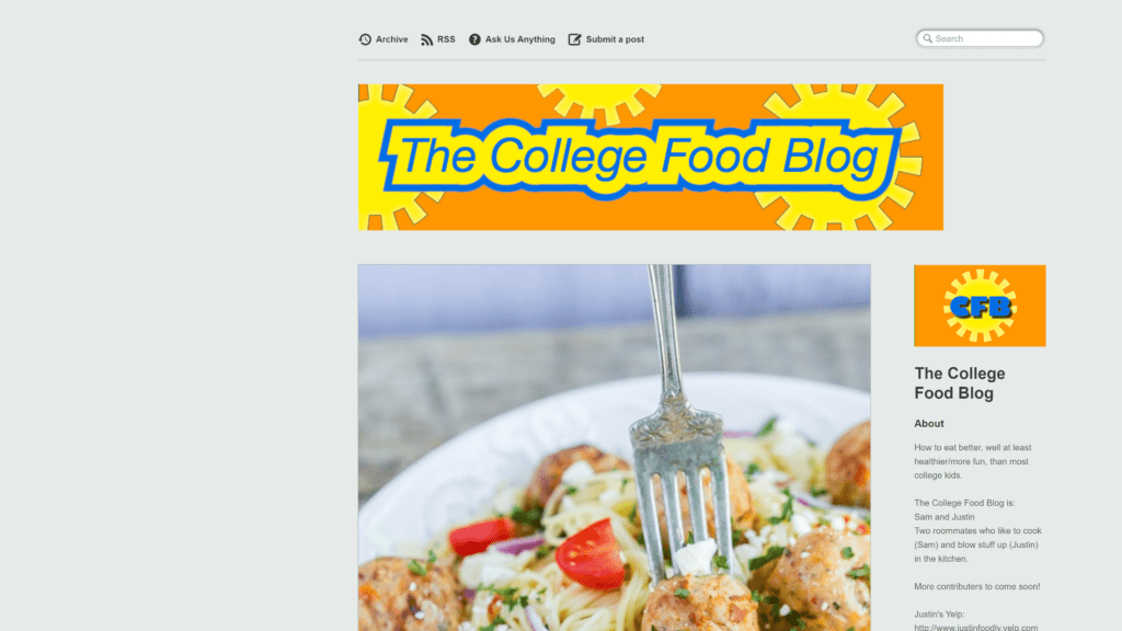 screenshot of the college food blog homepage