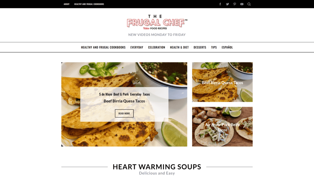 screenshot of the frugal chef homepage
