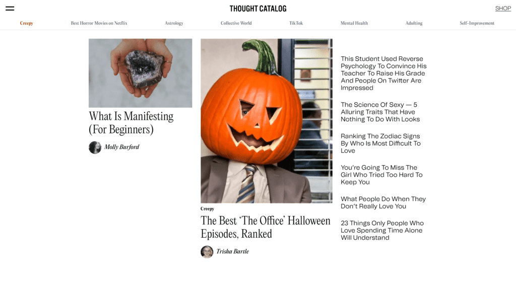 screenshot of the thought catalog homepage