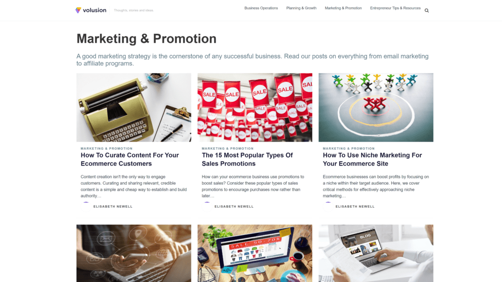 screenshot of the volusion ecommerce marketing blog homepage
