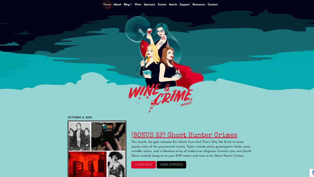 screenshot of the wine and crime homepage