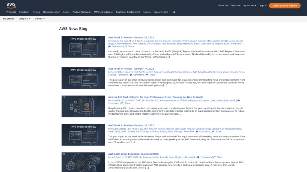 screenshot of the official AWS blog homepage