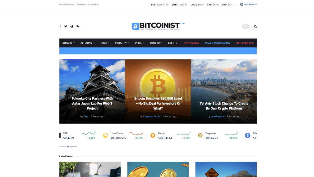 a screenshot of the bitcoinist homepage