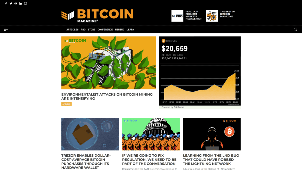 a screenshot of the bitcoin magazine homepage