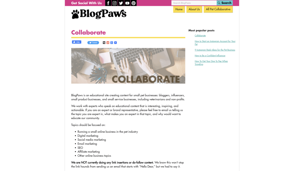 screenshot of the blogpaws homepage