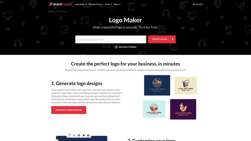 screenshot of the brandcrowd Logo Maker homepage