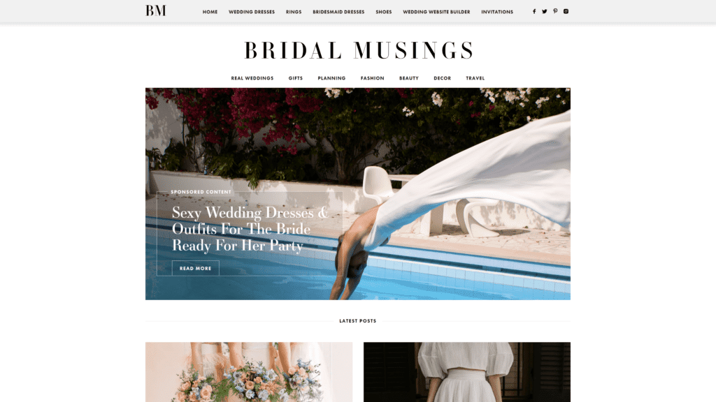 screenshot of the bridal musings homepage