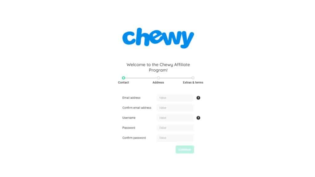 screenshot of the chewy affiliate program signup page