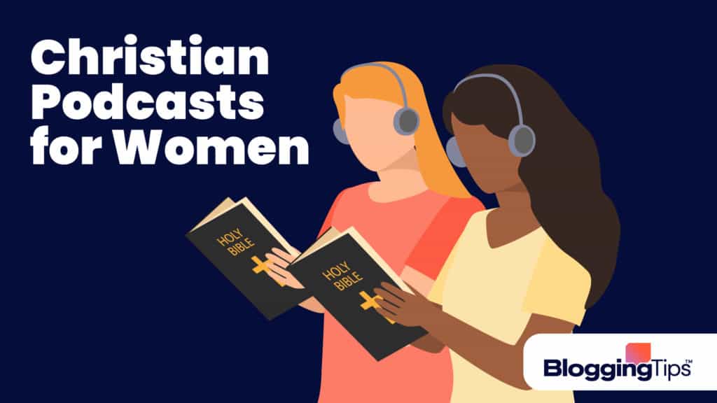 vector illustration showing a woman on a computer looking up the best christian podcasts for women