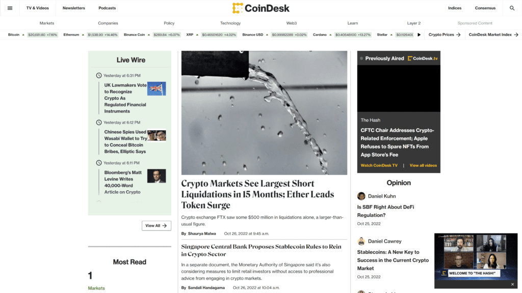 a screenshot of the coindesk homepage