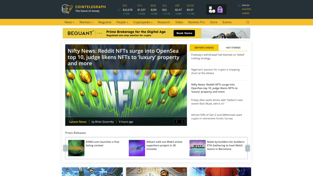 a screenshot of the cointelegraph homepage