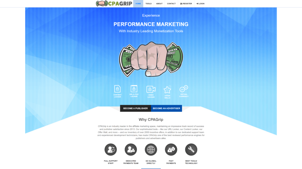 a screenshot of the cpagrip homepage