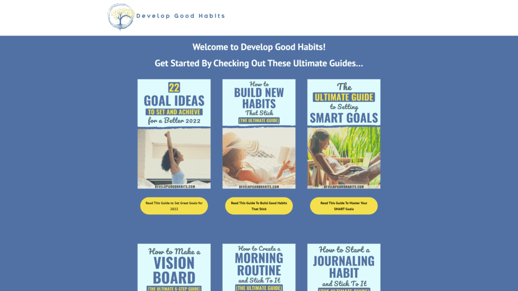 screenshot of the develop good habits homepage